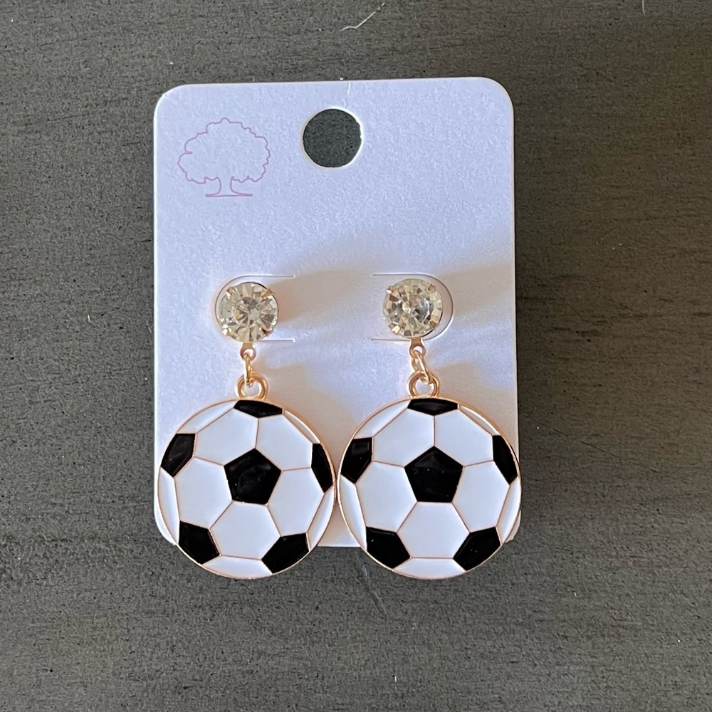 Soccer Ball & Rhinestone Post Football MLS Black White Enamel 1” Sports Earrings